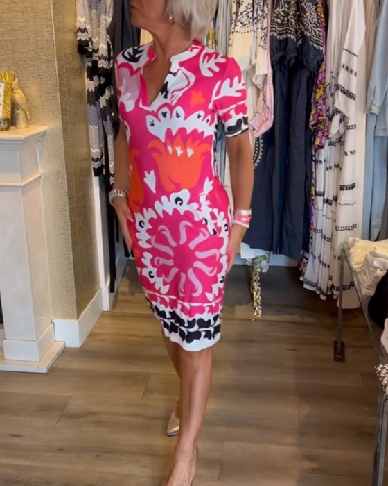 Short-sleeve printed v-neck dress