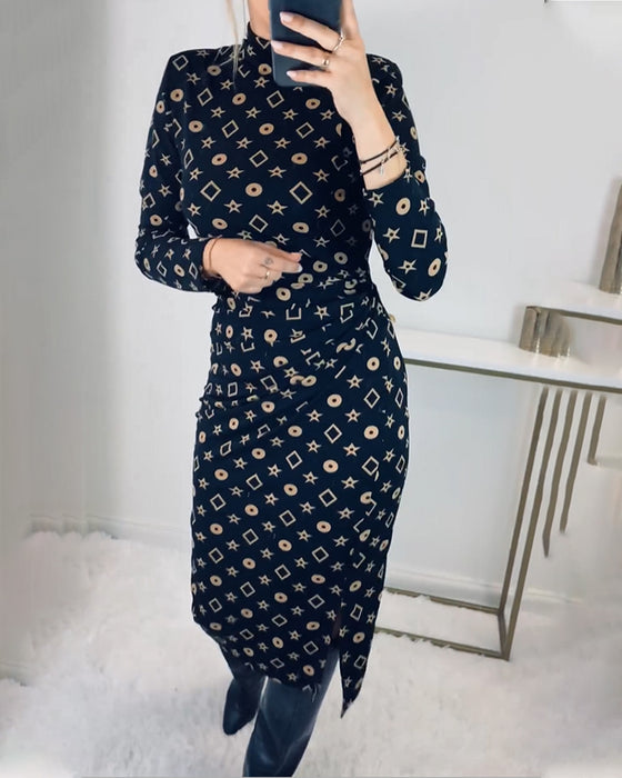 Elegant high neck geometric print dress