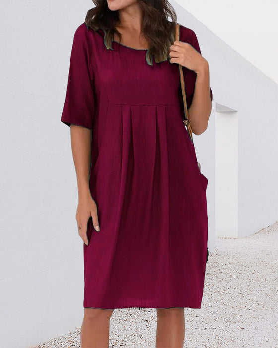 Round Neck Solid Color Dress with Pockets