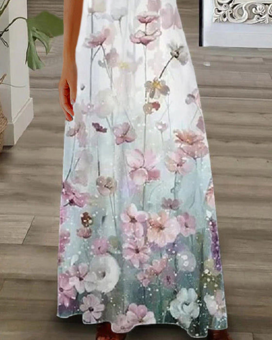 Floral print lace short sleeve long dress