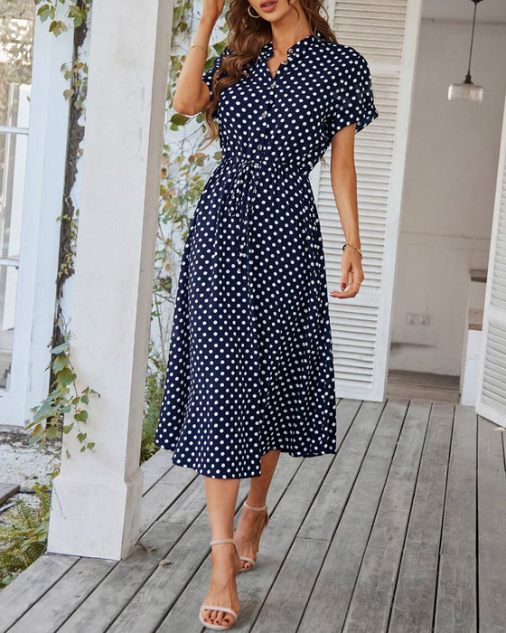 Polka Dot Drawstring Button Dress