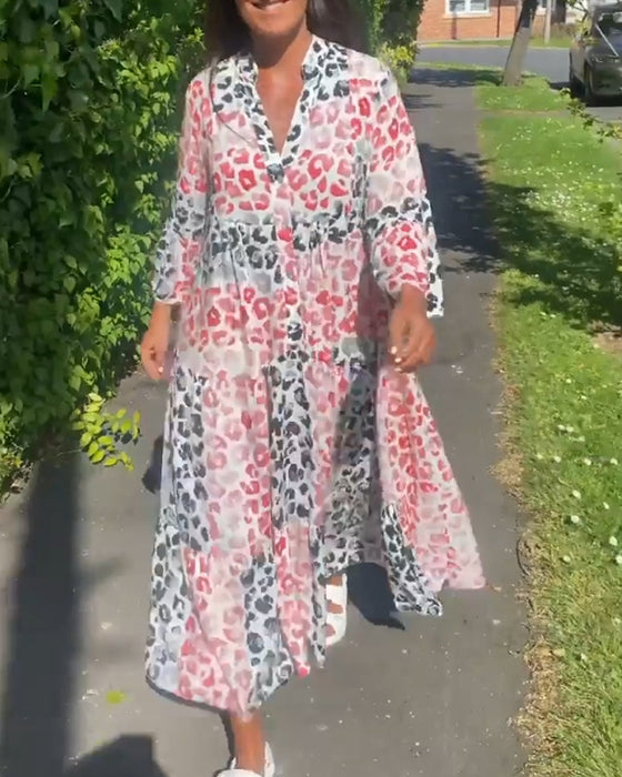 V-neck printed ruffle casual dress