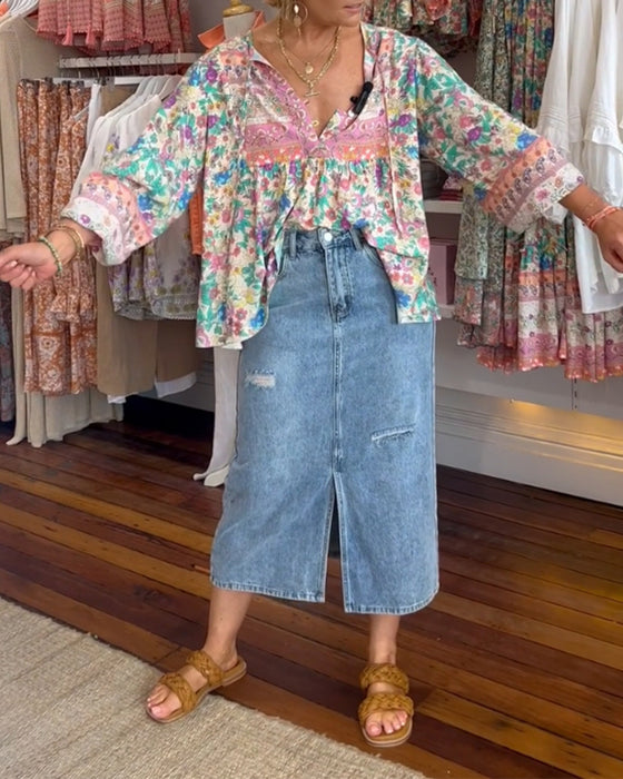 Colorful floral print casual blouse