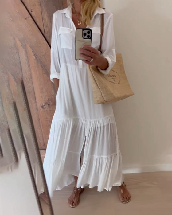 Lapel solid color patchwork casual dress