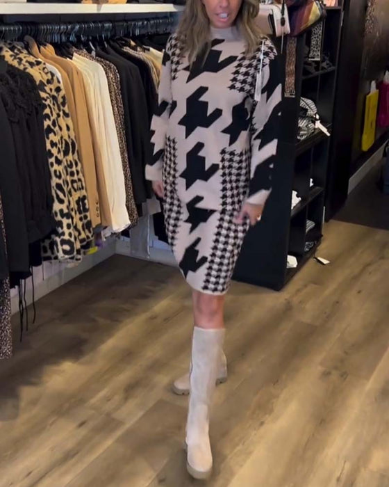 Houndstooth long sleeve dress