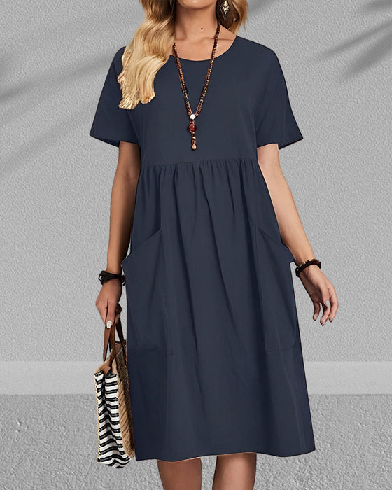 Round neck pleated short sleeve dress