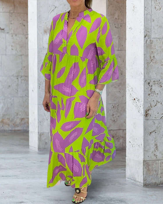 Leaves Print Dress with Short Sleeves