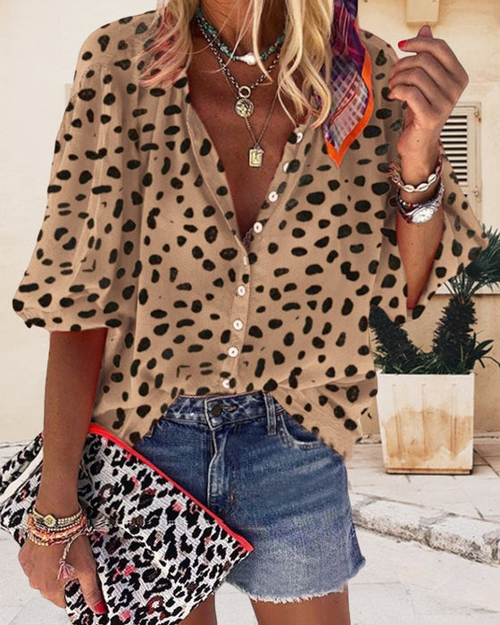 Leopard-print casual stand-collar shirt