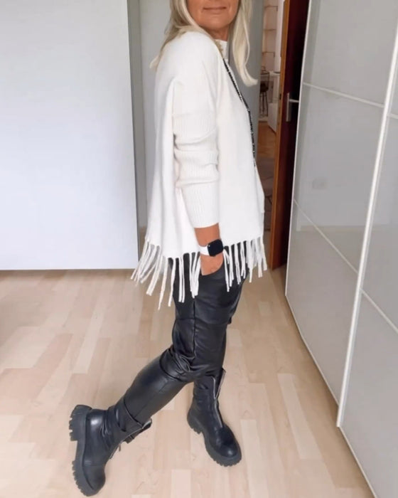 Solid color fringed casual sweater