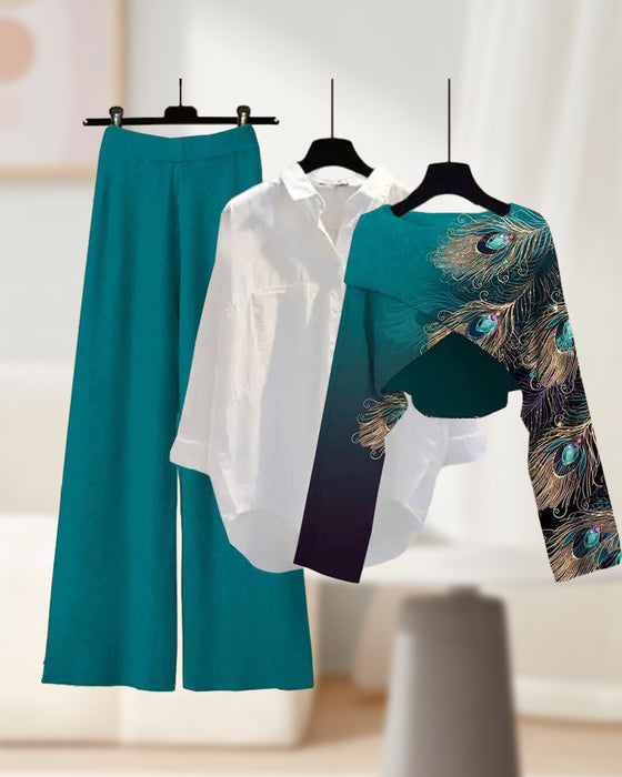 Feather print casual three-piece set