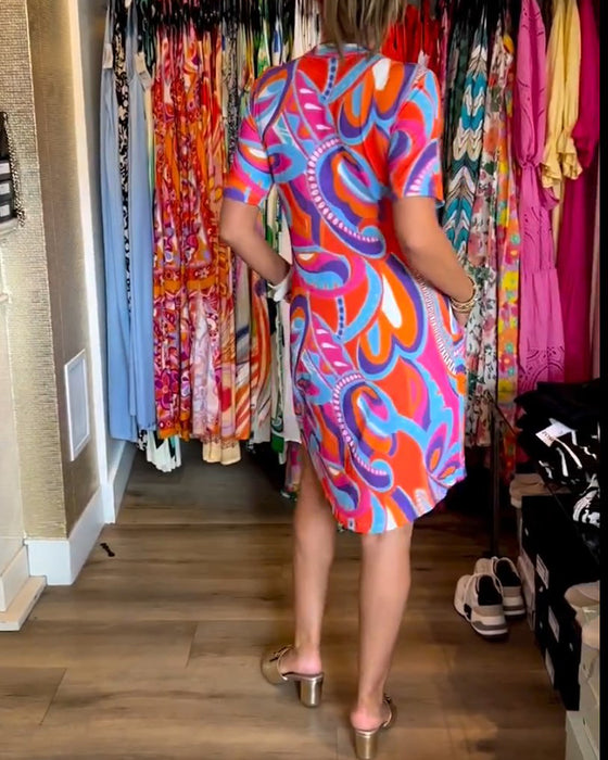 Colorful printed pocket V-neck dress