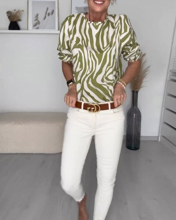 Zebra print round neck blouse
