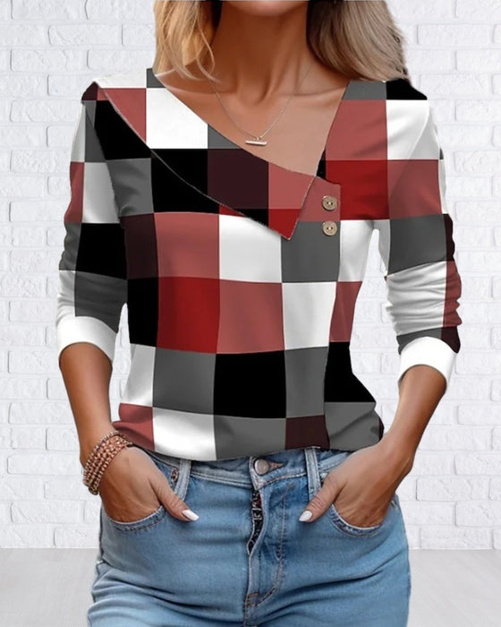 V Neck Plaid Top with Buttons