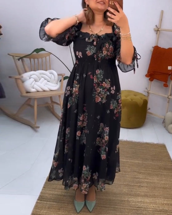 Floral print square neck elegant dress