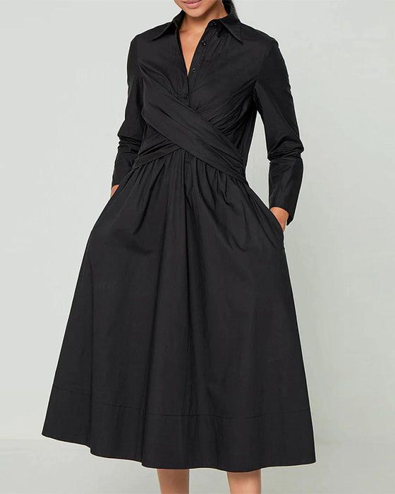 Lapel Cross Straped Dress with Pockets
