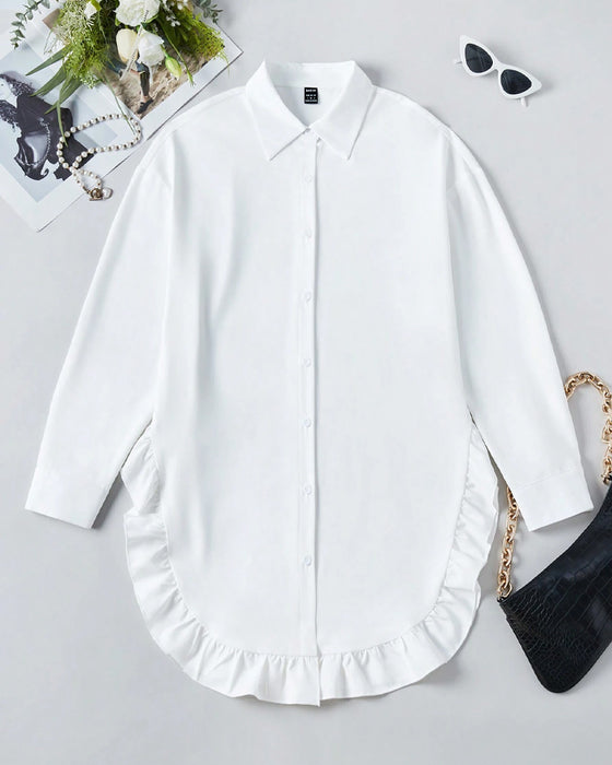 Lapel ruffled solid color shirt