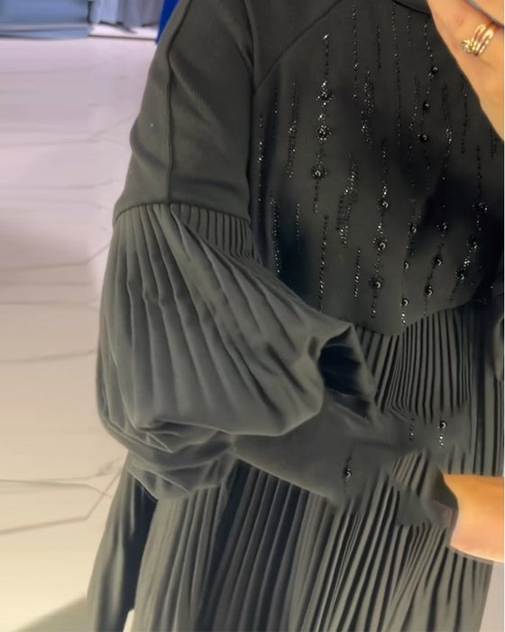 Balloon sleeve stand collar dress