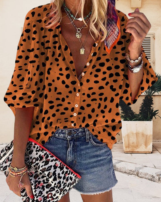 Leopard-print casual stand-collar shirt