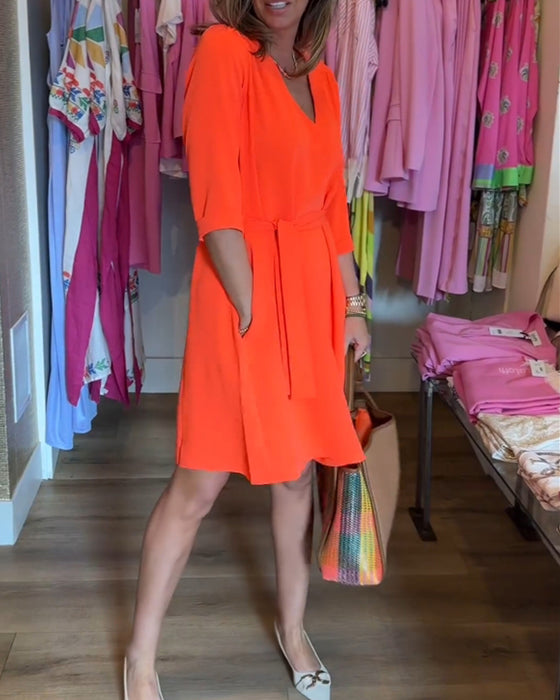 Midi Sleeve Solid Color Dress with Belt