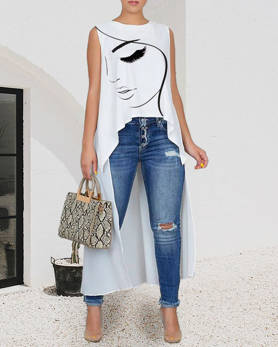 Sleeveless face print irregular top
