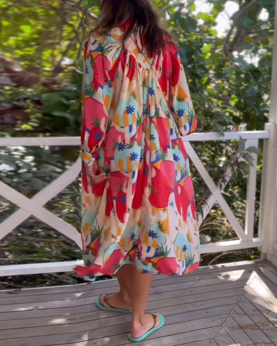 Printed lapel long sleeve dress