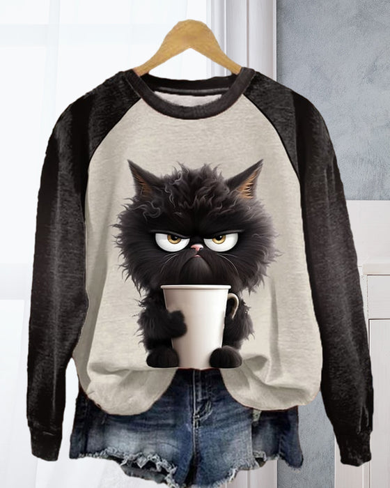 Cat Loose Sweatshirt with Color Block