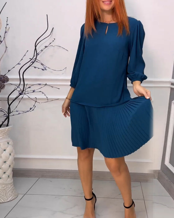 Patchwork pleated solid color dress