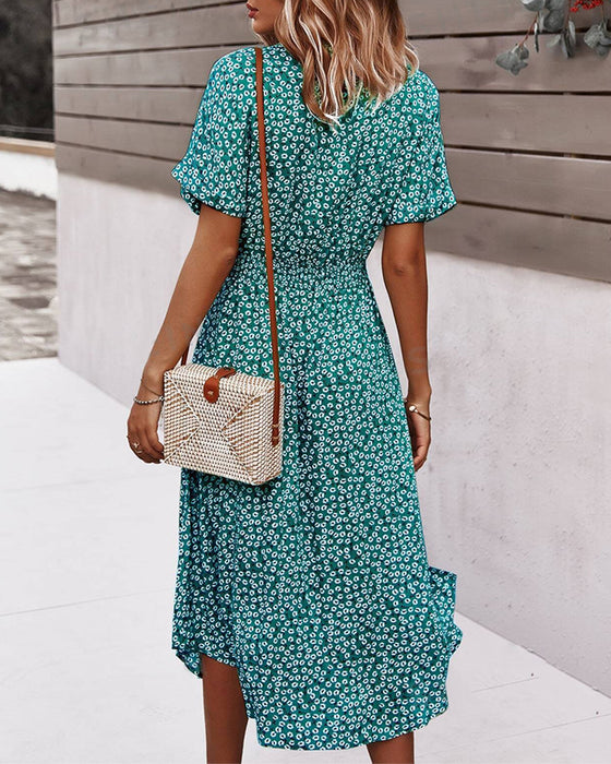 Short-sleeved waisted floral dress