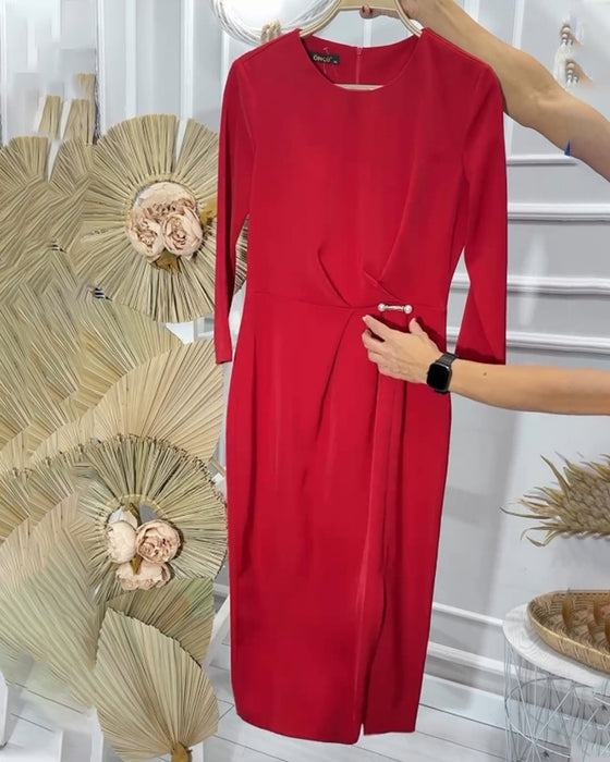 Romantic round neck solid color long dress