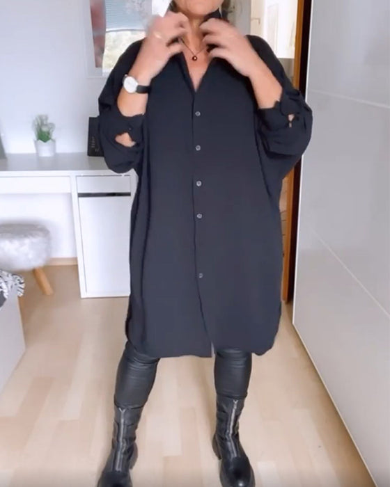 Button solid color casual shirt dress
