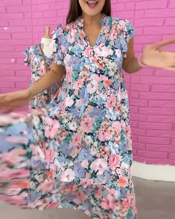 Floral print V-neck casual short-sleeved dress