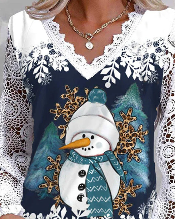 Lace snowman long-sleeve blouse