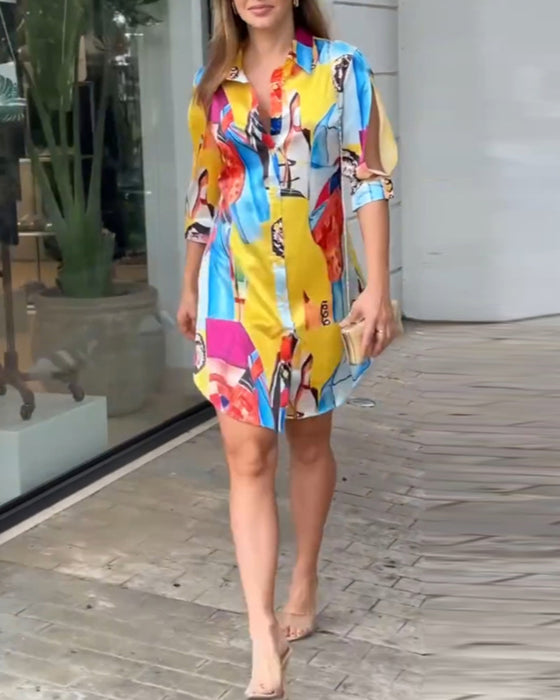 Lapel colorful printed casual dress