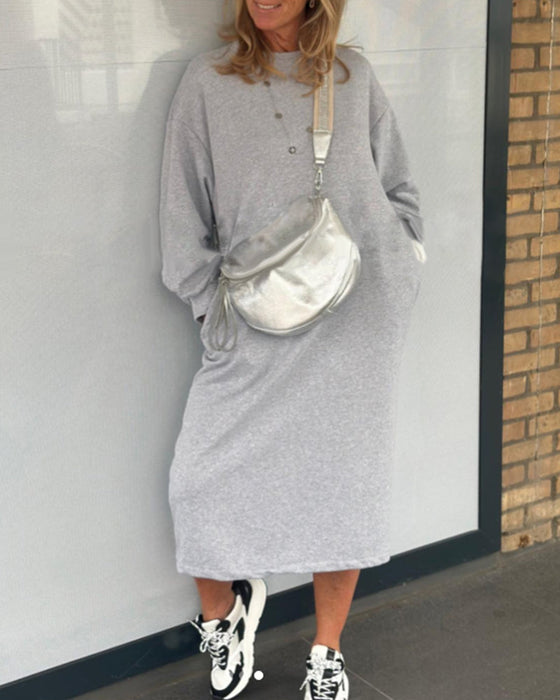 Plain crew neck pocket dress