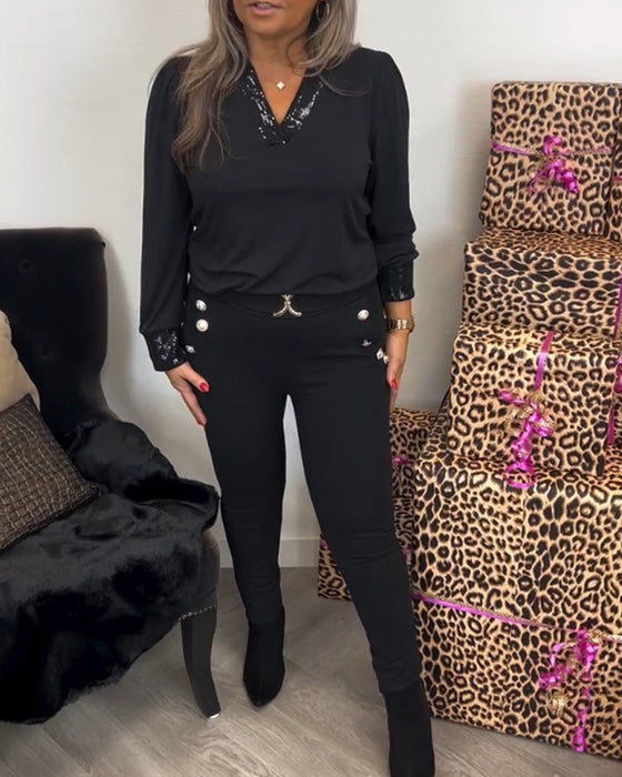 Solid Color Commuting Top with V-neck