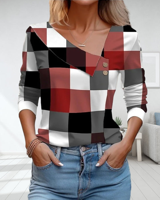 V Neck Plaid Top with Buttons