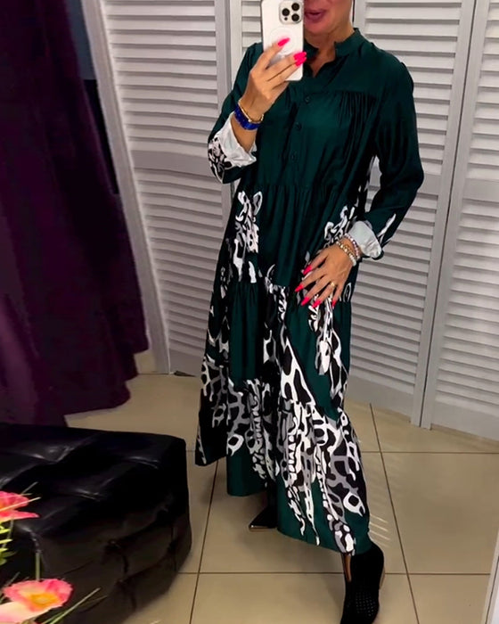 Printed button casual long dress