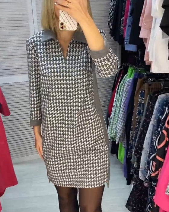 Lapel Dress with Pocket and Plaid