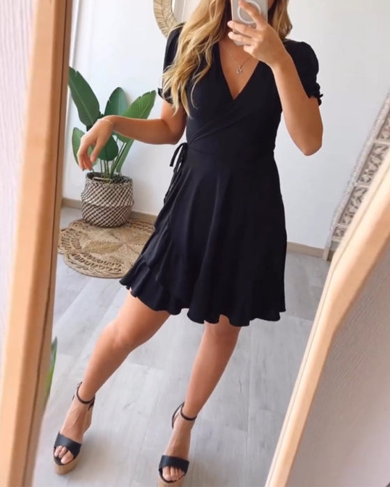 V-neck ruffle solid color strappy dress