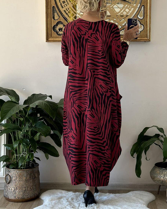 Fashion Loose Shift Dress with Print and Pocket