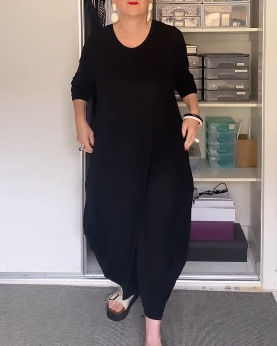 Round neck solid color simple dress