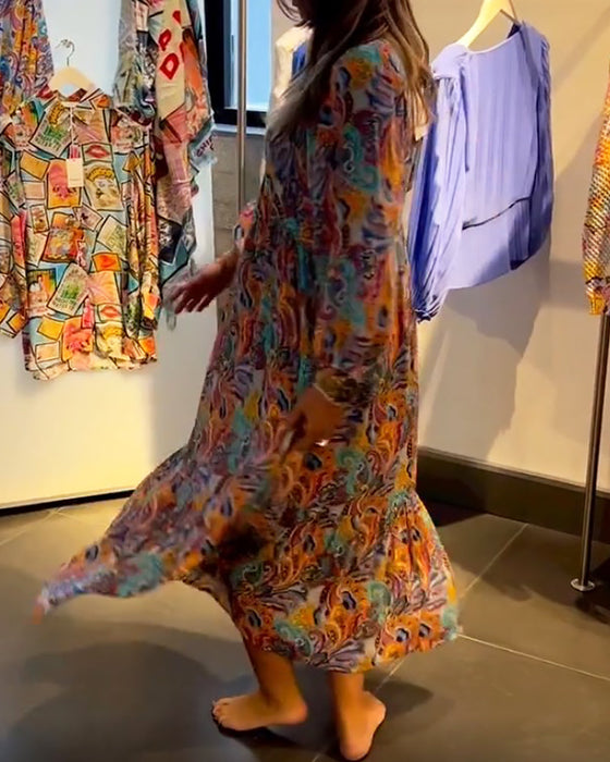 Print  V neck A-Line Maxi Dress