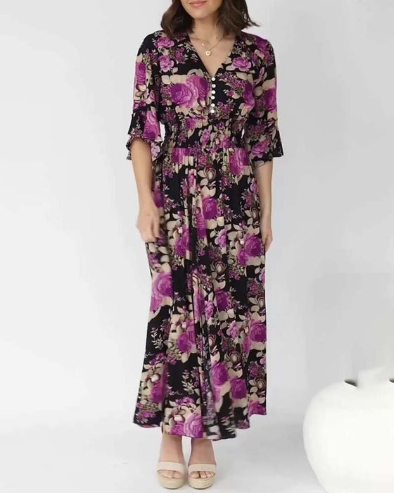 Floral Print V Neck Maxi Dress