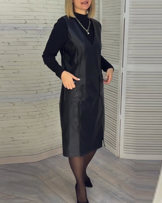 solid color dress with V-neck and Pocket
