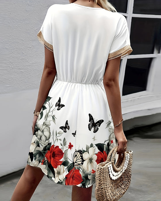 Butterfly print lace v-neck dress
