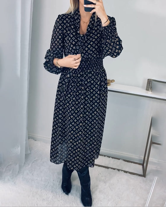 Printed long-sleeved waist dress