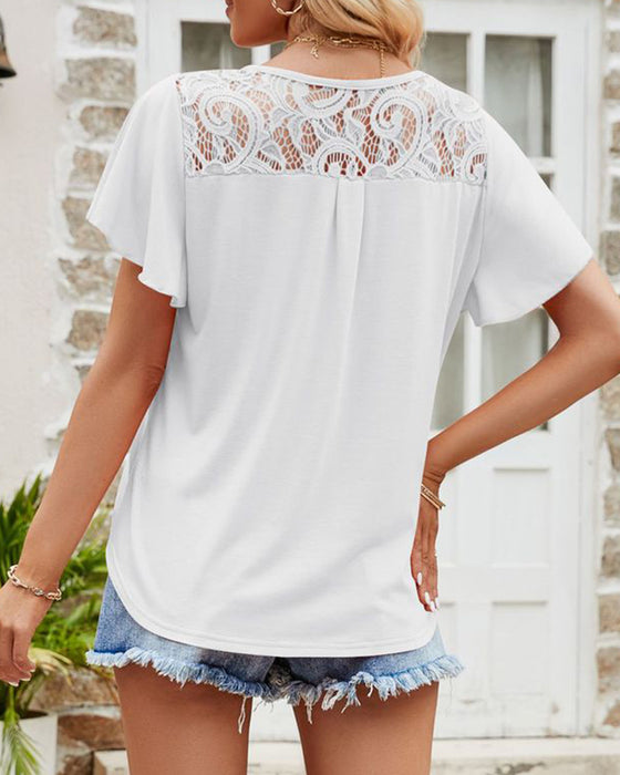 Mesh lace stitching solid color short-sleeved top