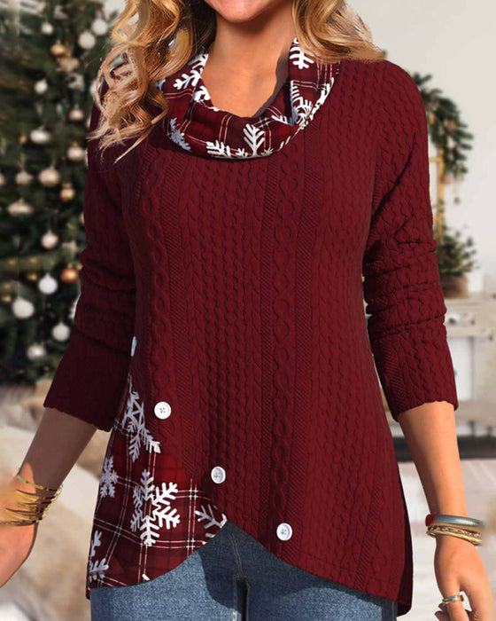 Pile collar snowflake print top