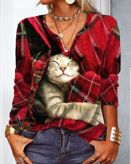 Cat patchwork long-sleeved top