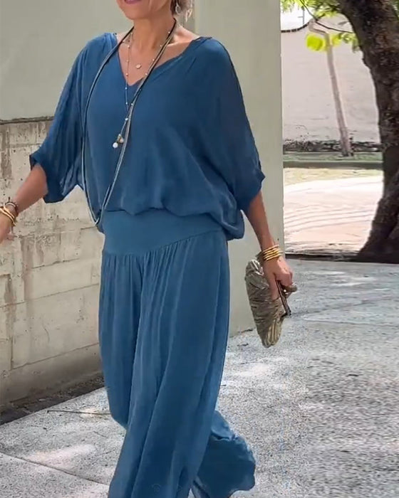 Solid color V-neck casual two-piece suit